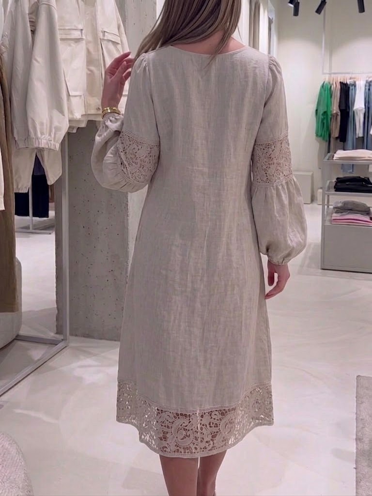 Loose-fit Casual Patchwork Lace, Linen, And Cotton Dress