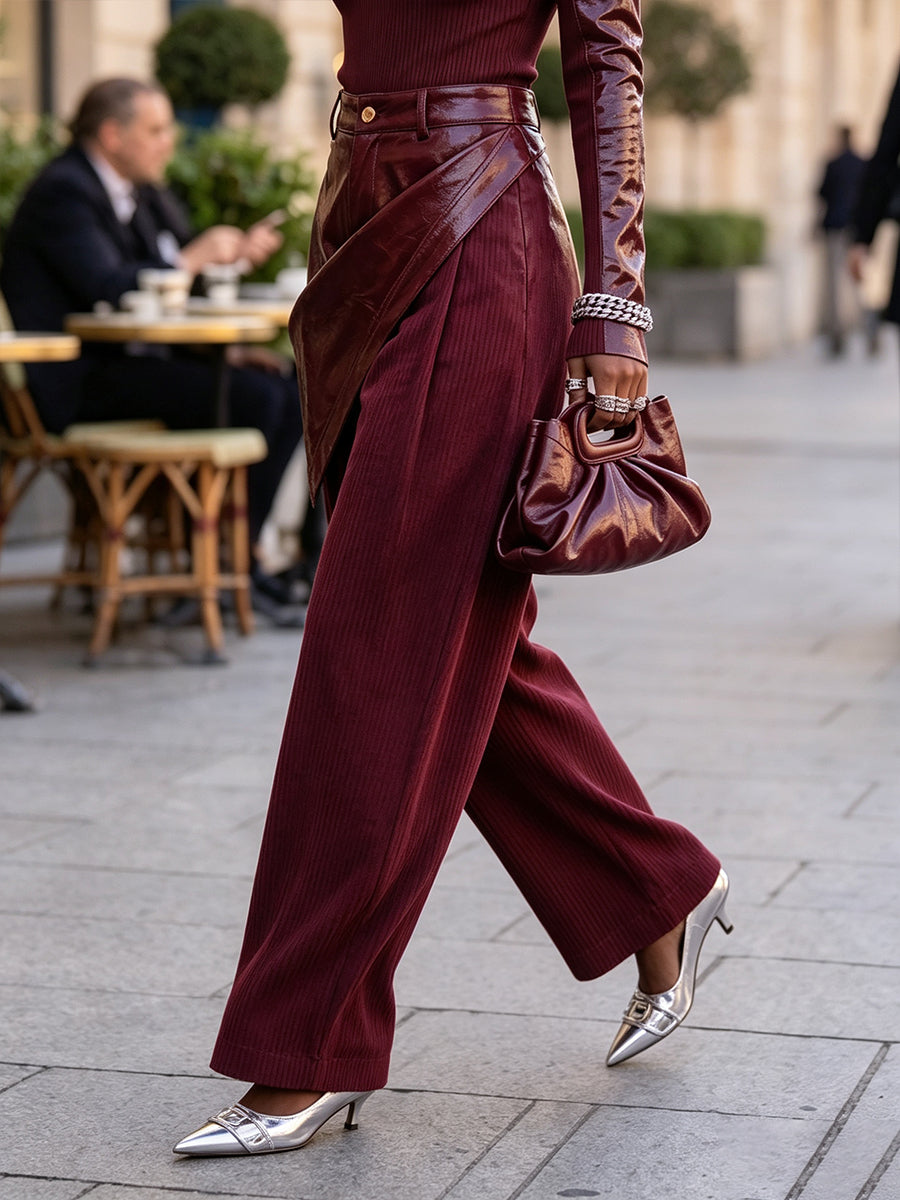 Bold Burgundy Asymmetric Wrap Leather-trimmed Corduroy Lantern Pants