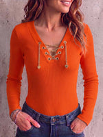 Women's Solid Color V-neck Long Sleeve Casual Loose Knitted Pullover