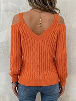 Casual Solid-color Cable-knit Off-shoulder Lantern-sleeve Sweater
