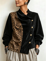Chic Asymmetrical Leopard-print Panel Velvet Blouse