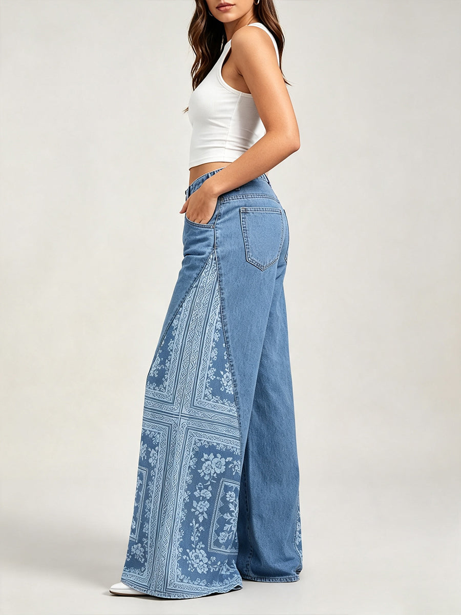 Bohemian-print Patchwork Wide-leg Jeans