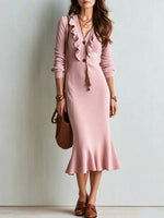 Cozy Ruffled V-neck Cotton Knit Fishtail Midi Skirt