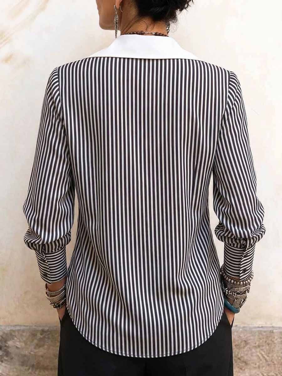 Women's Black And White Striped Blouse With Oversized Contrast Collar And Tie Detail