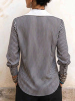 Women's Black And White Striped Blouse With Oversized Contrast Collar And Tie Detail