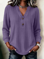 Textured Henley V-Neck Long Sleeve Blouse