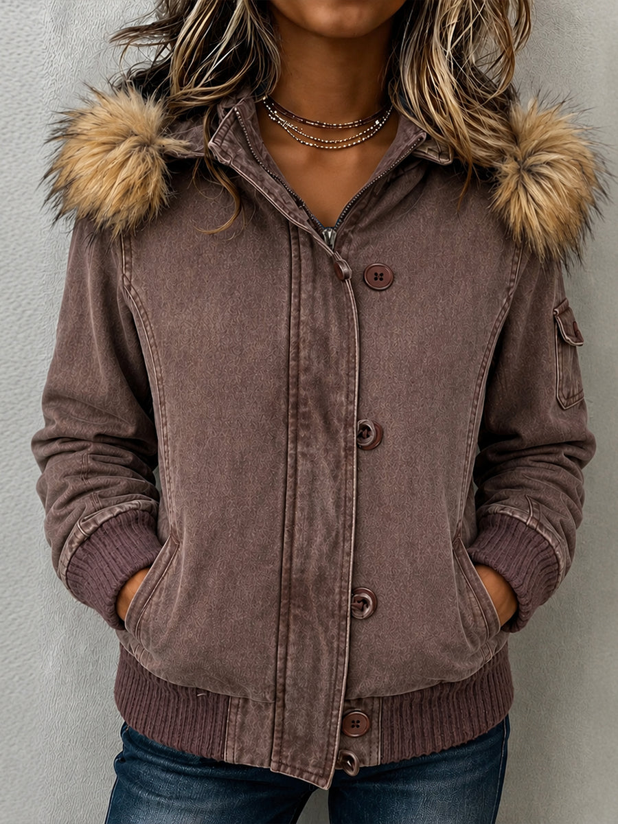 Casual Faux Fur-trimmed Hooded Bomber Jacket With Faux Shearling Lining