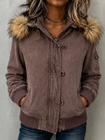Casual Faux Fur-trimmed Hooded Bomber Jacket With Faux Shearling Lining