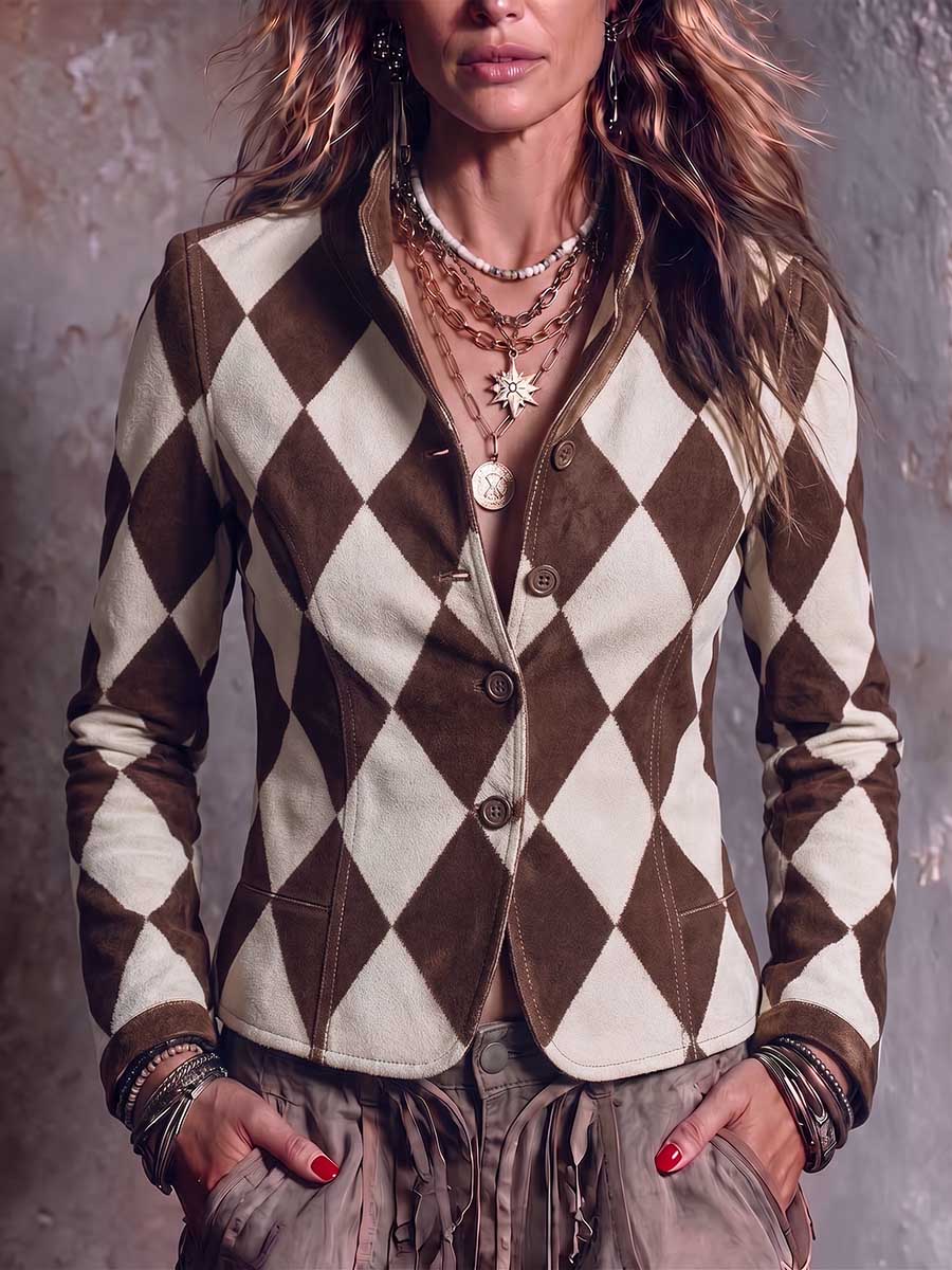 Women's Geometric Print Stand Collar Long-sleeved Casual Loose Faux Suede Jacket