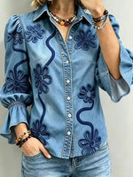 Vintage Floral Embroidered Denim Shirt