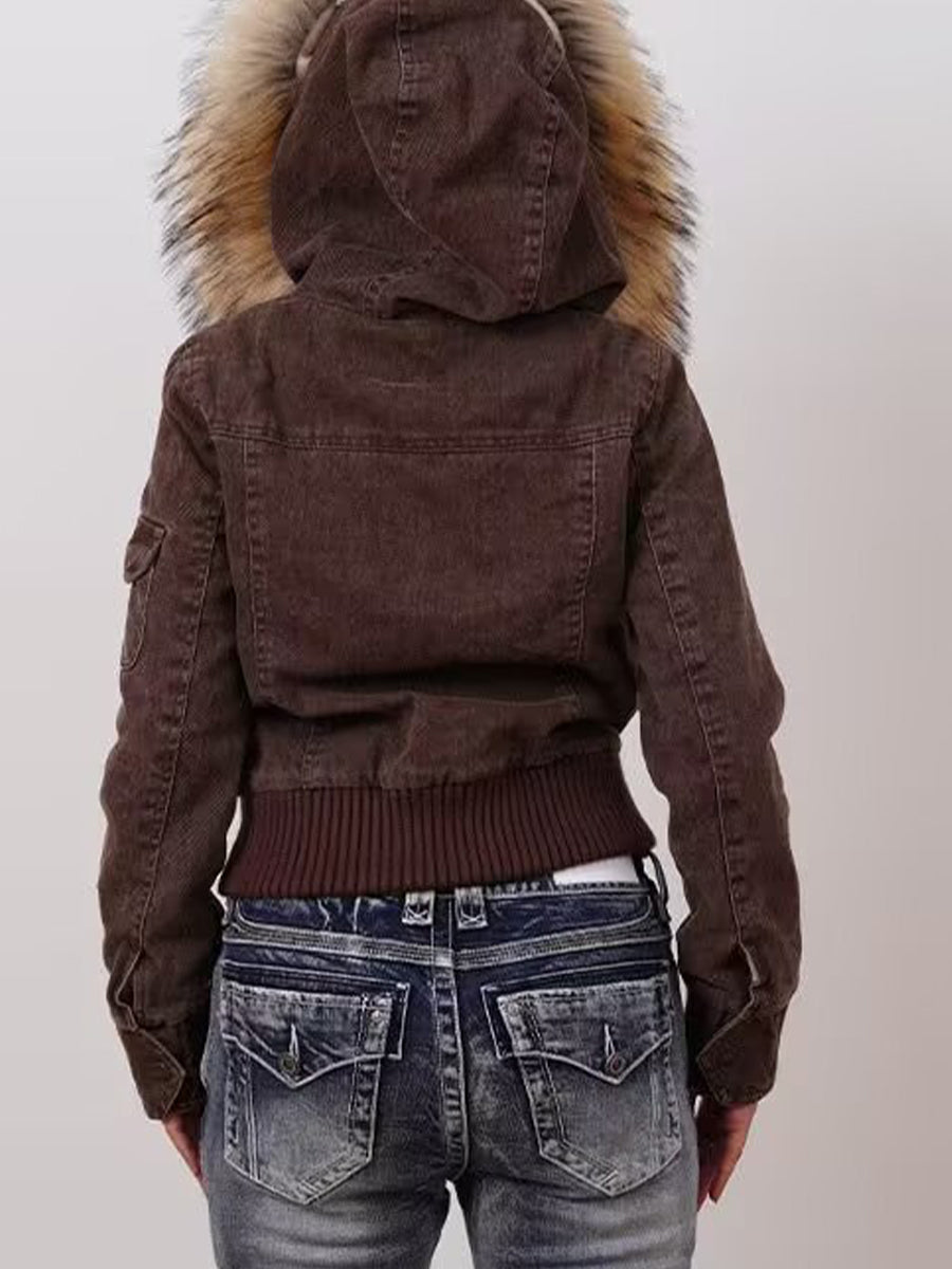 Casual Faux Fur-trimmed Hooded Bomber Jacket With Faux Shearling Lining