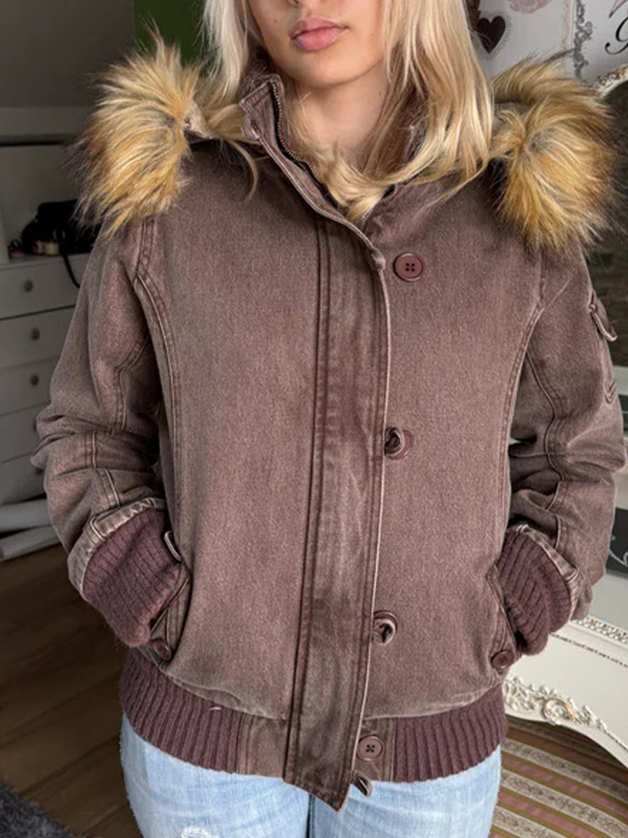 Casual Faux Fur-trimmed Hooded Bomber Jacket With Faux Shearling Lining