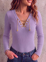 Women's Solid Color V-neck Long Sleeve Casual Loose Knitted Pullover