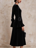 Exquisite, Ornate Rhinestone-collared Velvet Midi Dress