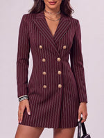 Women's Striped Printed Lapel Long-sleeved Casual Slim-fit Suit Dress