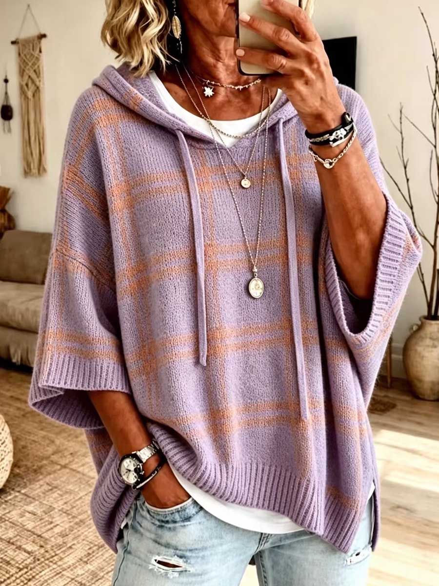 Women's Plaid Hooded Knit Poncho Sweater with Half Sleeves