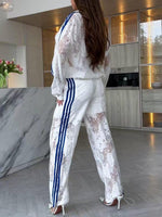Women's Stand Collar Long Sleeve Casual Loose Color-blocked Lace Cardigan High Waist Wide Leg Pants Set
