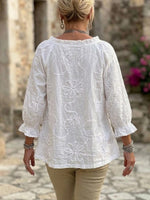 Chic And Elegant Linen-cotton V-neck Top With Ruffles And 3d Floral Embossing