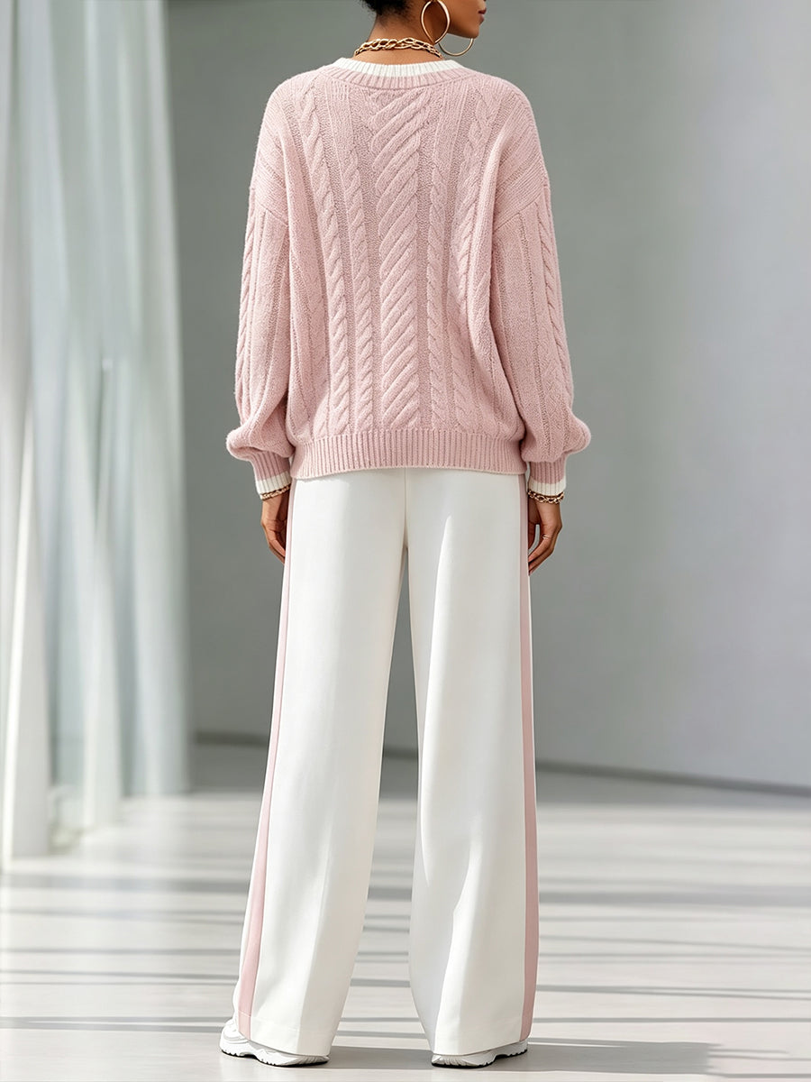 Two-piece Set Featuring A Casual Cable-knit V-neck Sweater With Color-contrast Trim And Drawstring Cotton Trousers.