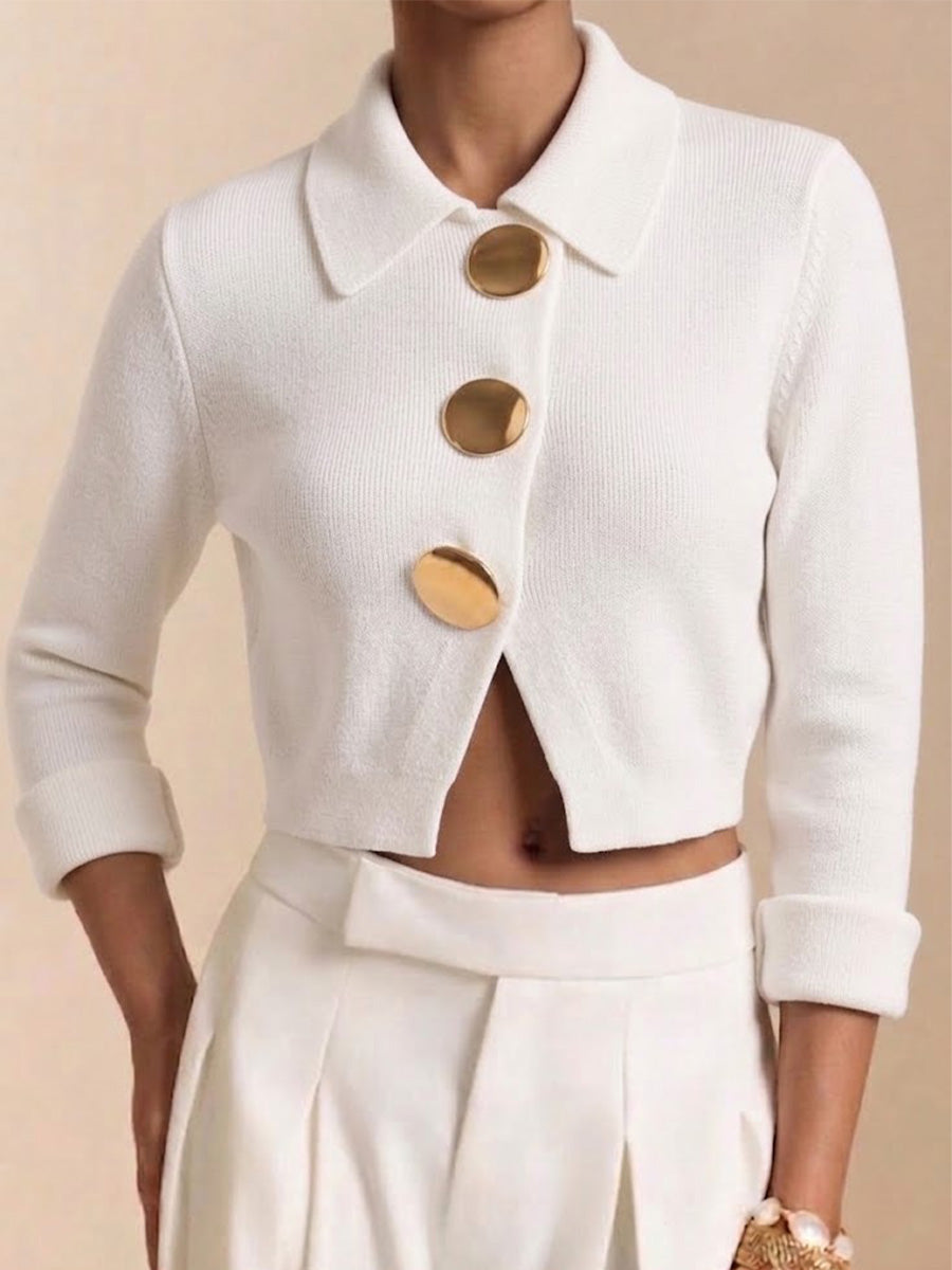 Large Metal‑button Collared Cropped Knit Cardigan