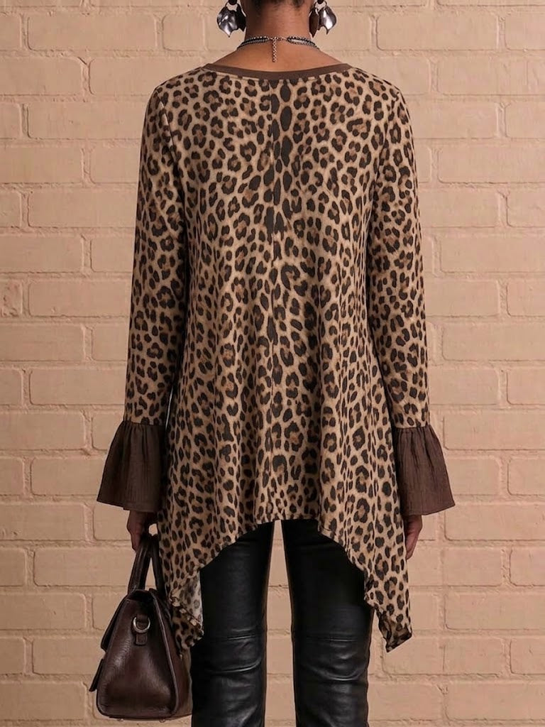 Leopard Print Paneled Asymmetric‑hem V‑neck Long‑sleeve Top