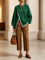 Chic Trimmed Asymmetrical Hem Oversized Sweater Top