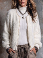 Women's Solid Color Round Neck Long Sleeve Beaded Casual Loose Knit Cardigan