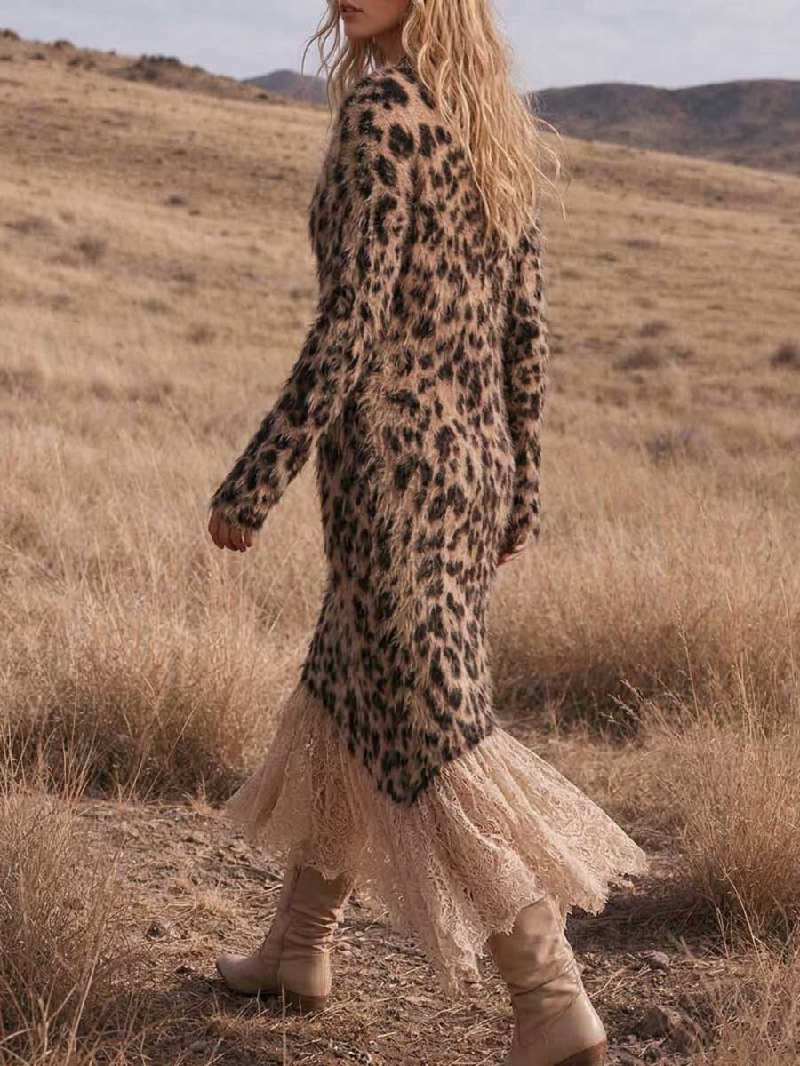 Women's Fuzzy Leopard Print Maxi Dress With Lace Spliced Hem