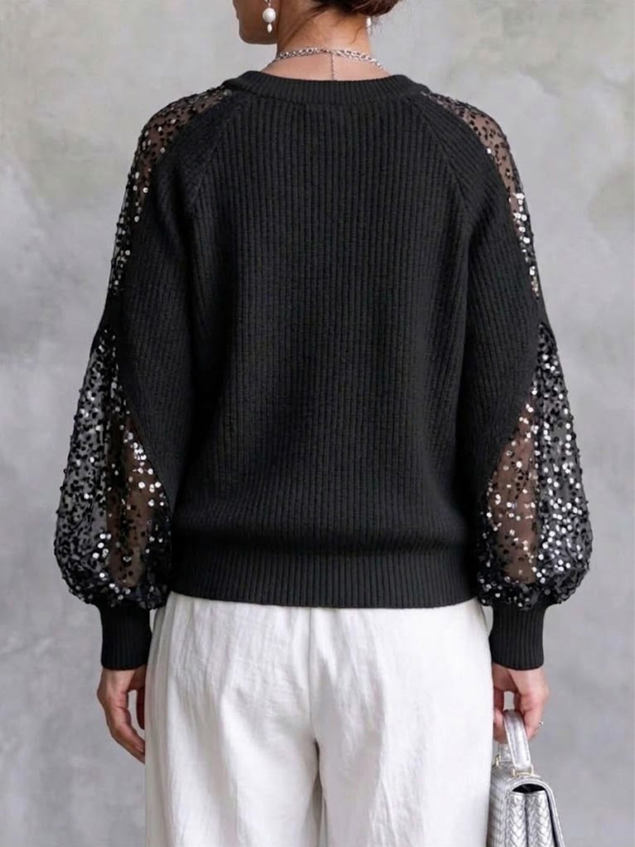 Raglan-sleeve Knit Top With Sequined Mesh Panels