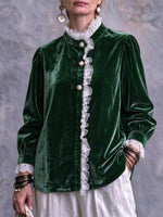Women's Vintage Green Velvet Blouse With Lace Ruffle Trim