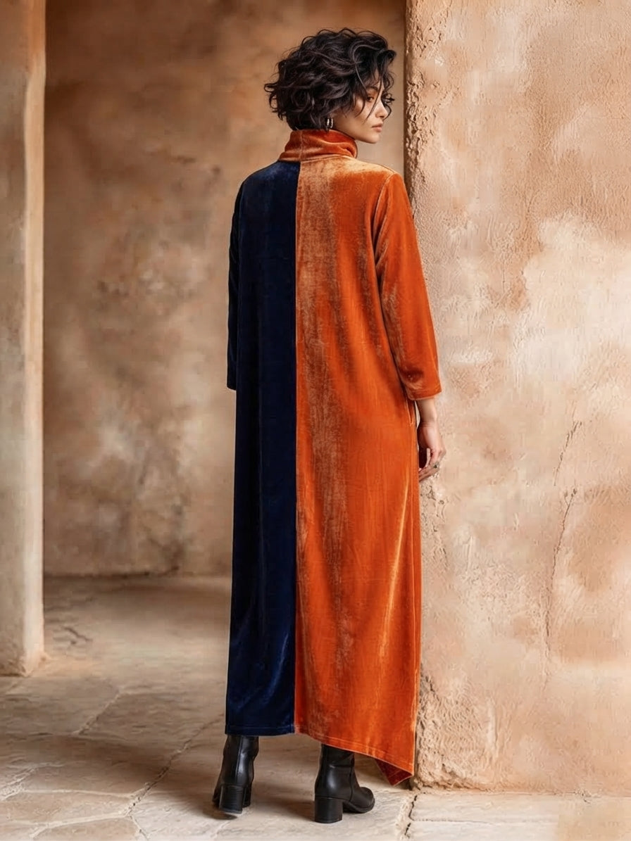 Artistic Color-blocking Asymmetric Velvet Maxi Dress