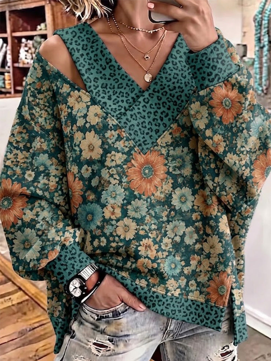 Vintage Floral And Leopard Print Patchwork Asymmetric Cut-out Top