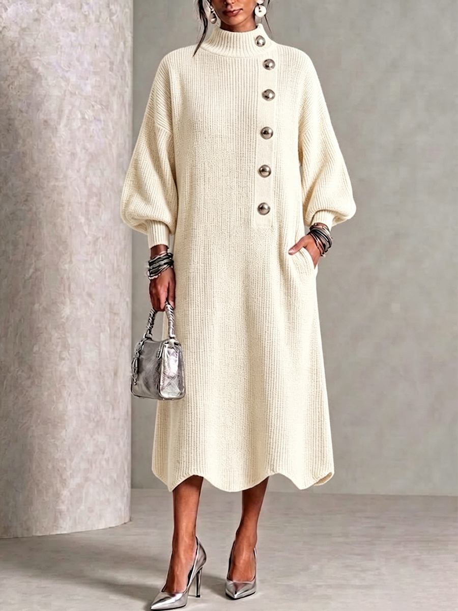Mock Neck Diagonal Metal Button Lantern Sleeve Knit Midi Dress