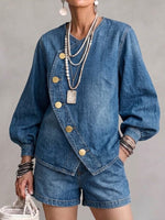 Denim Jacket With An Asymmetrical Button Placket, Gold Buttons, V-neck, And Lantern Sleeves