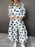 Casual Polka-dot Cotton-blend Jacket And Trousers Two-piece Set
