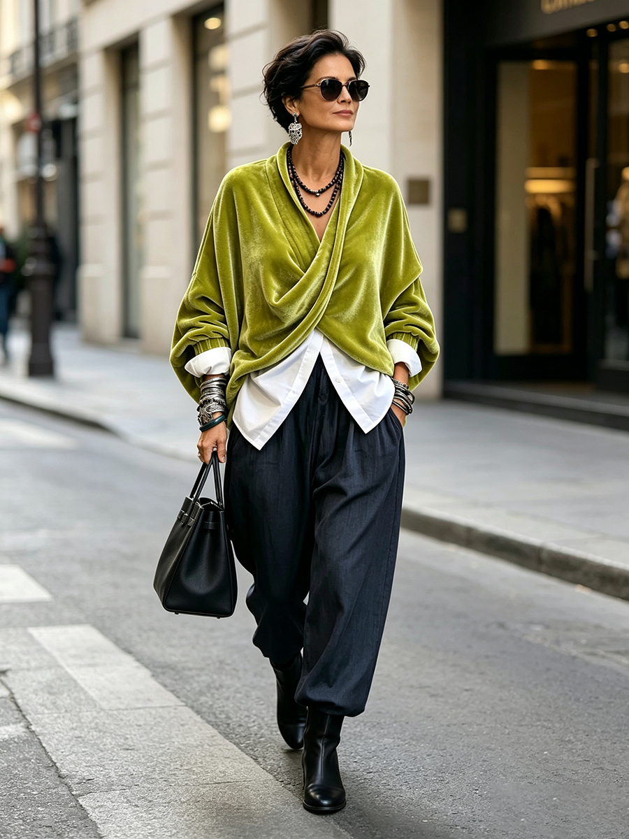 Cozy Relaxed Batwing Sleeves Crossover Velvet Top