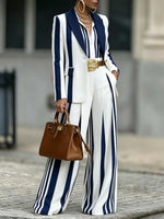 Chic Navy and White Striped Tailored Blazer