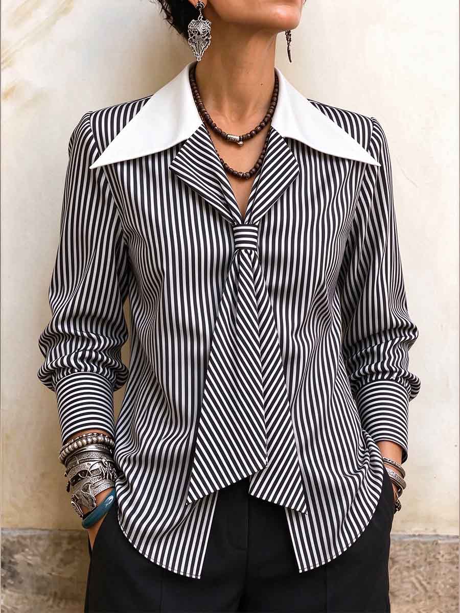 Women's Black And White Striped Blouse With Oversized Contrast Collar And Tie Detail