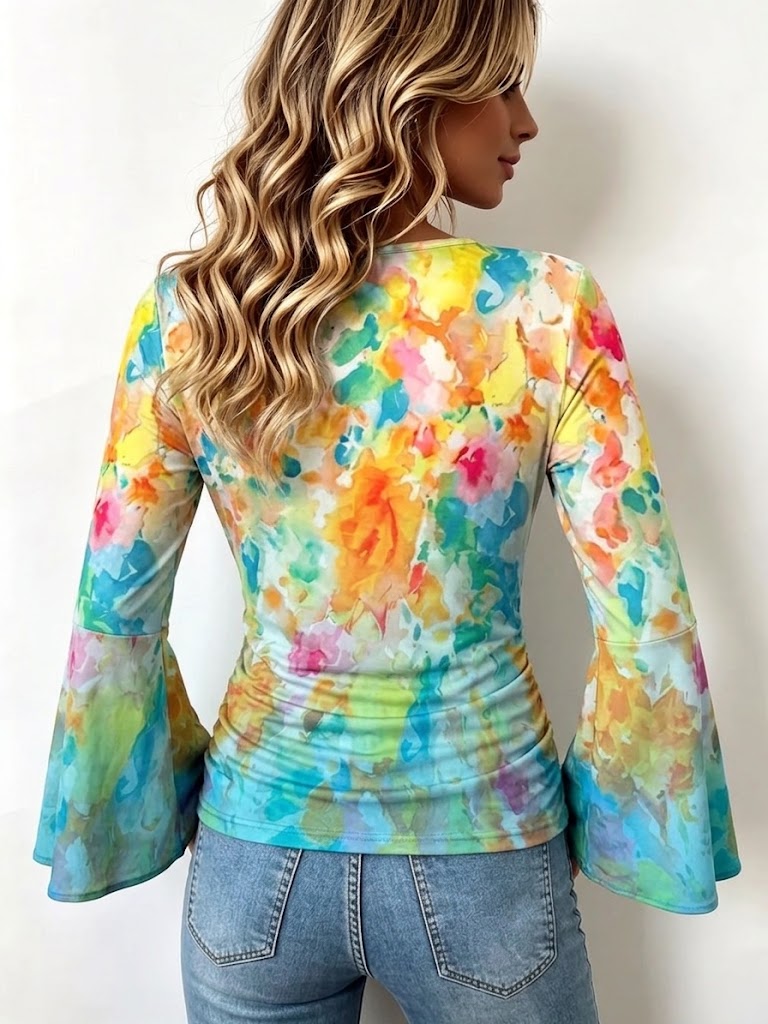 Bohemian Watercolor Floral Stretch Casual Shirt With Bell Sleeves