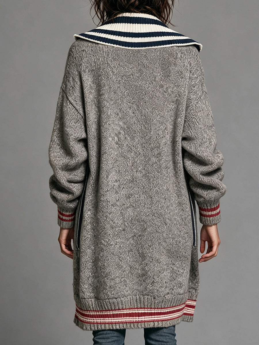 Chic Striped Long-line Knit Cardigan With A Sailor Collar And Zip Fastening.
