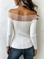 Elegant Mesh Panel Off-shoulder Ribbed Top