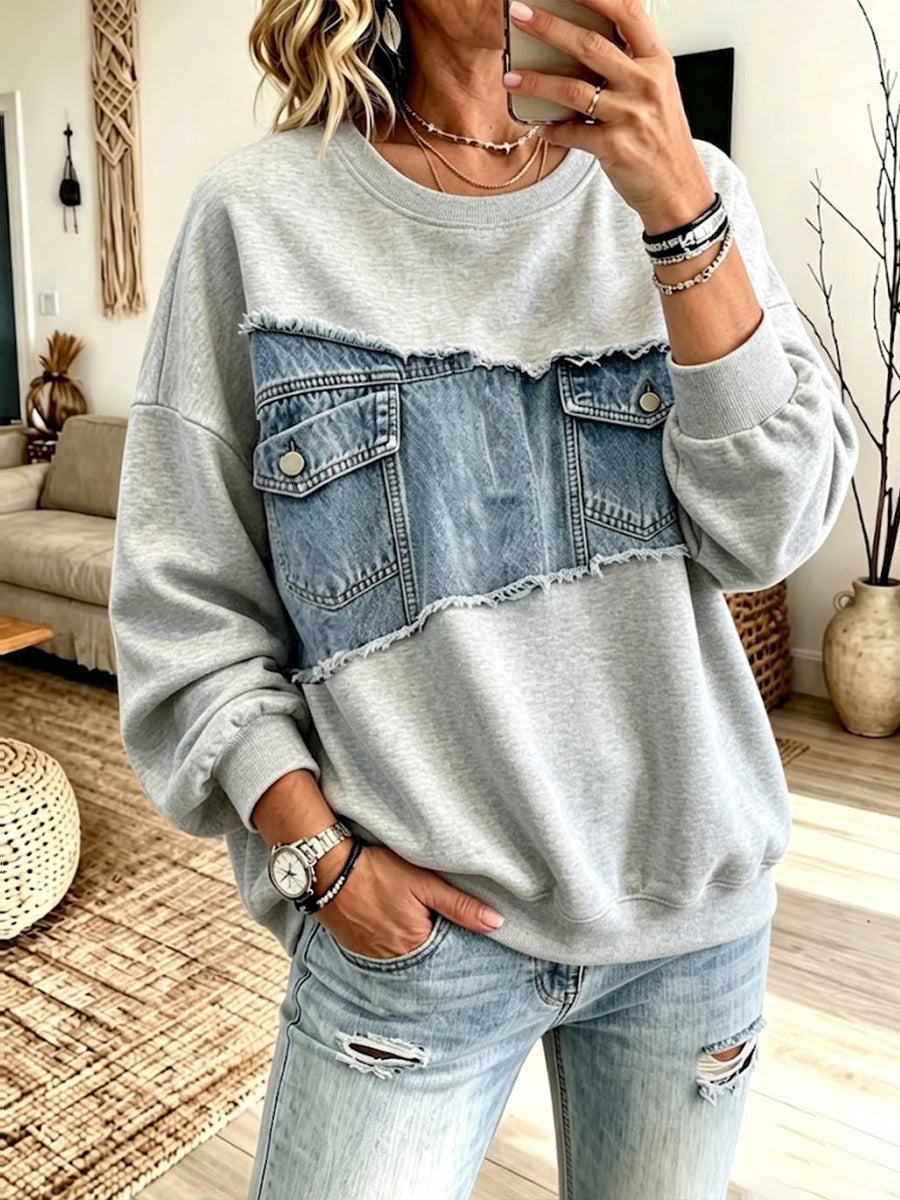 Relaxed-fit Casual Crew-neck Sweatshirt With Denim And Cotton Paneling