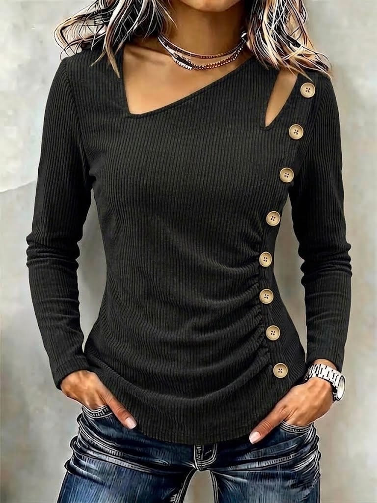 Asymmetric-neck Ribbed Knit Top With Cut-out And Button Detail