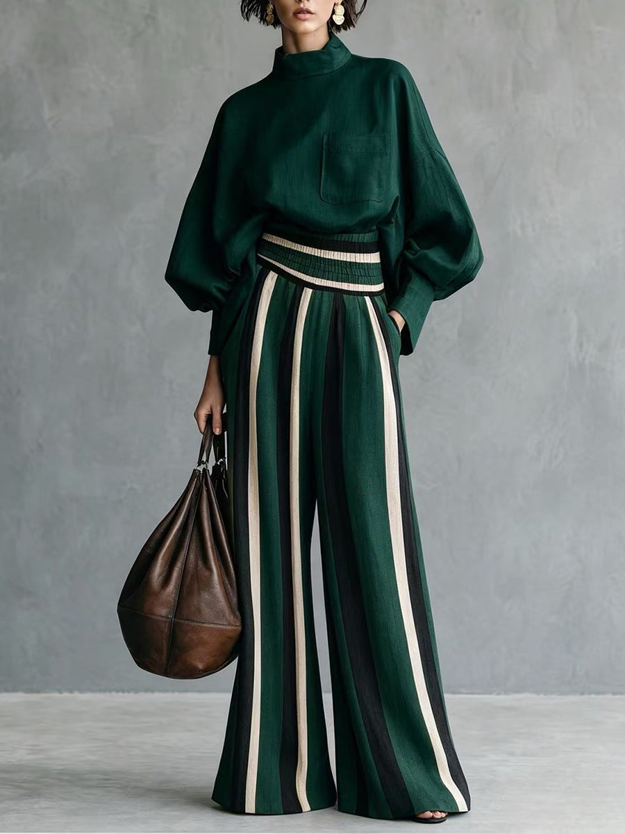 Stylish Casual Two-piece Set Featuring A Linen-cotton Blend Top And Striped Wide-leg Trousers.