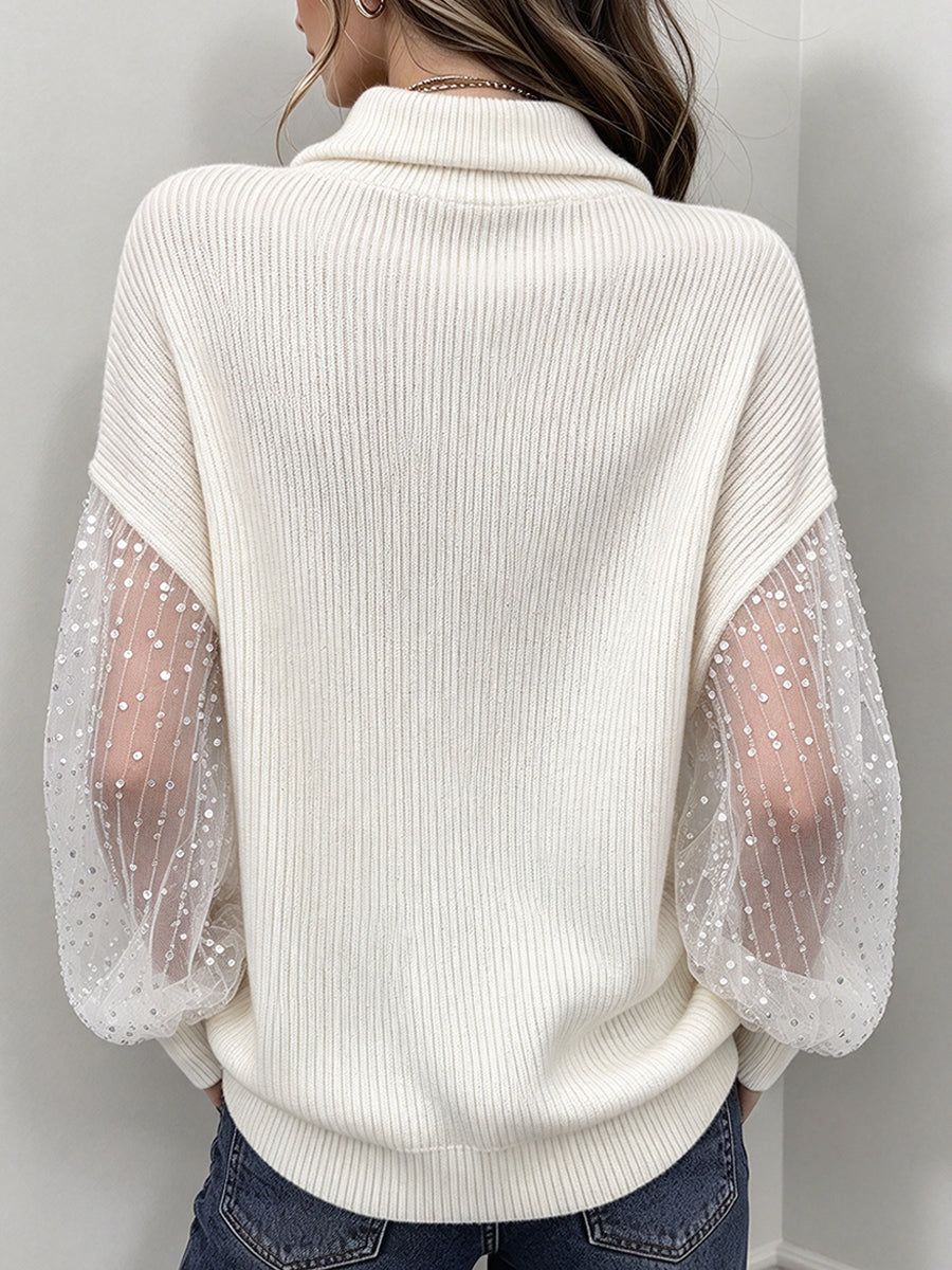 Chic Sheer Tulle-sleeve Mock-neck Knit Top