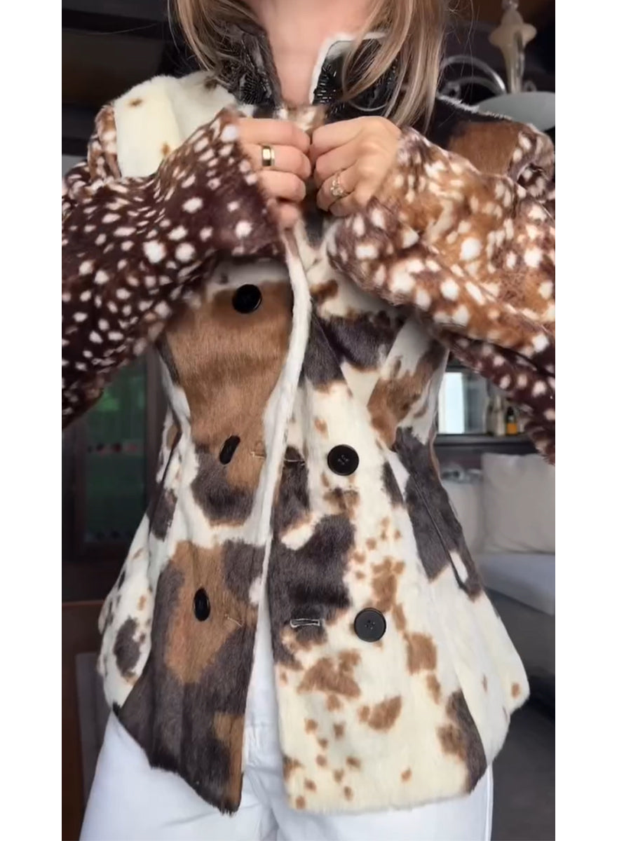 Chic Faux Fur Patchwork Jacket With Cow And Deer Prints