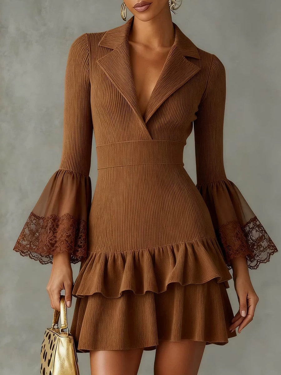 Elegant Ribbed Knit Lace-Trim Ruffle Dress
