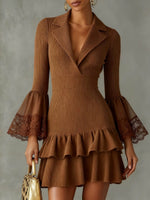 Elegant Ribbed Knit Lace-Trim Ruffle Dress