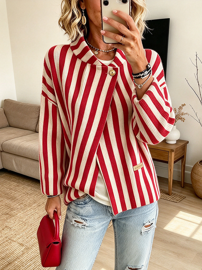 Casual Vibrant Red Striped Ribbed Cardigan