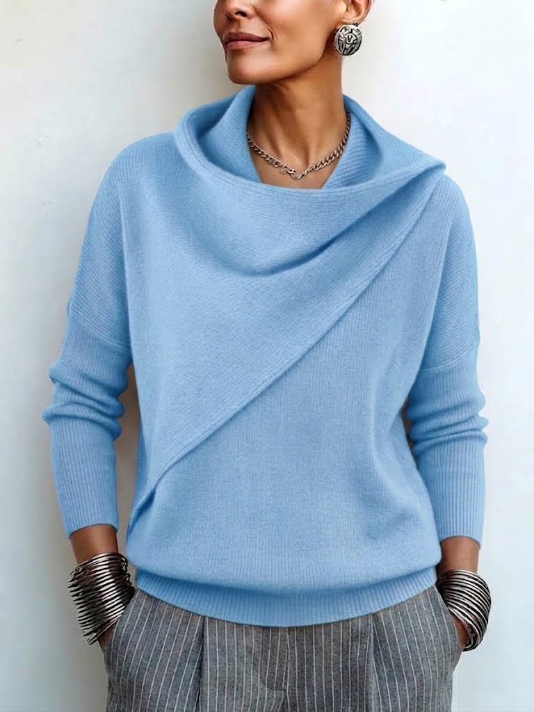 Wrap-style Slouchy-neck Drop-shoulder Long-sleeve Knit Pullover